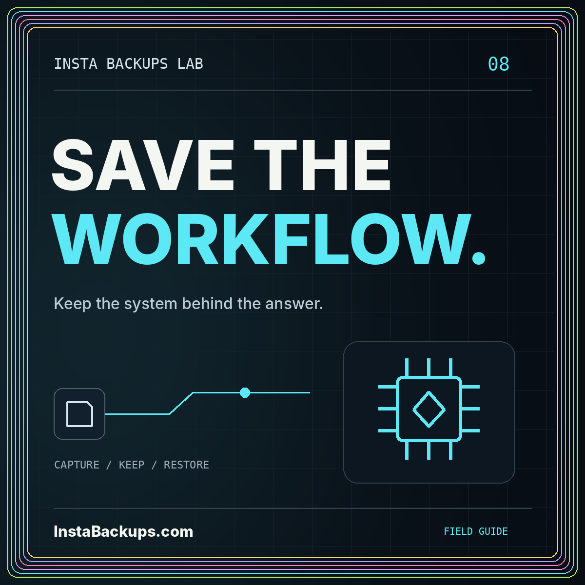 SAVE THE WORKFLOW. — Keep the system behind the answer. InstaBackups.com neon illustration.