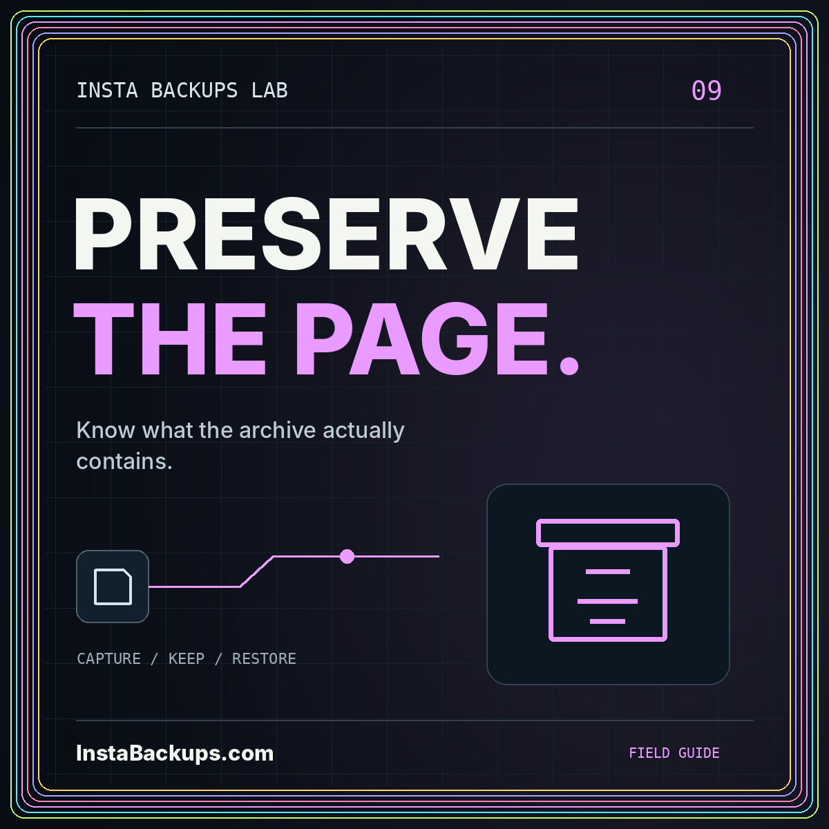 PRESERVE THE PAGE. — Know what the archive actually contains. InstaBackups.com neon illustration.